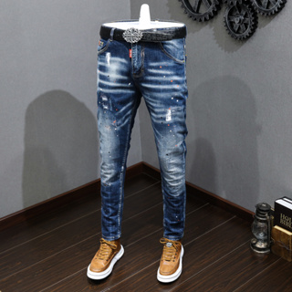 กางเกงยีนส์แฟชั่นคุณภาพสูงสำหรับผู้ชาย Blue Vintage Skinny จิตรกรรมสีสันสดใส Casual Trend Man Vintage Jeans