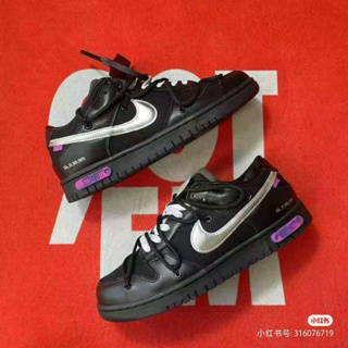 Off-white x Nike Dunk Low "The 50" NO.50 Joint Black Laces Black Buckle 03 OF 50 Low-Top Athleisure Board Shoes ผู้ชายและผู้หญิง สีดํา สีเงิน