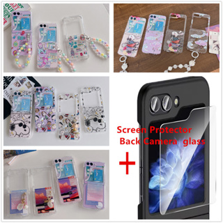 Samsung Galaxy Z Flip 5 Flip5 5G เคสการ์ตูนน่ารัก สนูปปี้ ดอกไม้ ผีเสื้อ พร้อมโซ่ จี้ เคสใส แข็ง PC ป้องกัน หน้าจอ ฟิล์มกระจก เคส