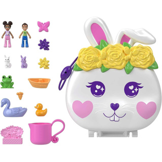 Polly Pocket Flower Garden Bunny Compact Playset with 2 Micro Dolls, Color Change &amp; Water Play HKV36 Polly ชุดของเล่นตุ๊กตากระต่าย ดอกไม้ ขนาดกะทัดรัด เปลี่ยนสีได้ พร้อมตุ๊กตา 2 ตัว และตุ๊กตาน้ํา HKV36