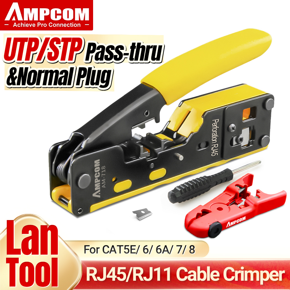 AMPCOM เครื่องอัดปลั๊ก RJ45 RJ11 Pass Through สำหรับ CAT7/6A CAT6/5 ...
