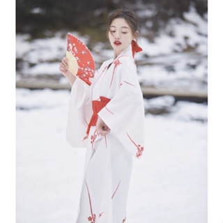 ชุดกิโมโน พิมพ์ลายดอกไม้ สีแดง สไตล์ญี่ปุ่นย้อนยุค สําหรับผู้หญิง