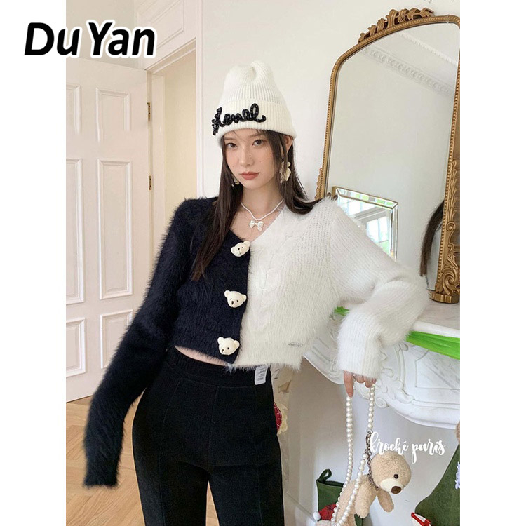 du-yan-เสื้อคาร์ดิแกนถัก-แขนยาว-คอวี-ลายหมี-สีดํา-และสีขาว-สําหรับผู้หญิง