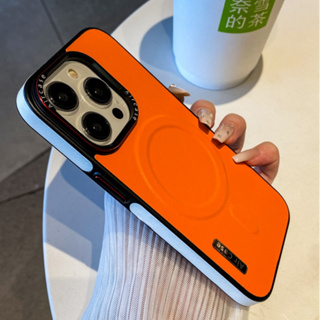 ใหม่ เคสโทรศัพท์มือถือหนัง แม่เหล็ก กันกระแทก สีส้ม หรูหรา สําหรับ iPhone 14 13 12 15 Pro Max 14Promax