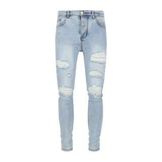 AMIRI High Street Fashion Mens Jeans กางเกงยีนส์วินเทจสีฟ้าอ่อนเจาะรูคุณภาพสูง Hip Hop ปุ่มกางเกงยีนส์ผู้ชาย