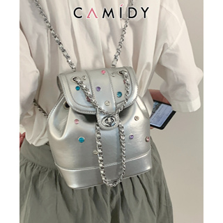 Camidy Sweet cool Y2K กระเป๋าเป้สะพายหลัง กระเป๋านักเรียน แต่งสายโซ่ สีเงิน ขนาดเล็ก สําหรับผู้หญิง