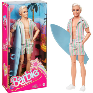 Barbie The Movie Ken Doll Wearing Pastel Pink and Green Striped Beach Matching Set with Surfboard and White Sneakers HPJ97 ชุดของเล่นตุ๊กตาบาร์บี้ รองเท้าเซิร์ฟบอร์ด รองเท้าผ้าใบ สีขาว ชมพูพาสเทล เขียว HPJ97