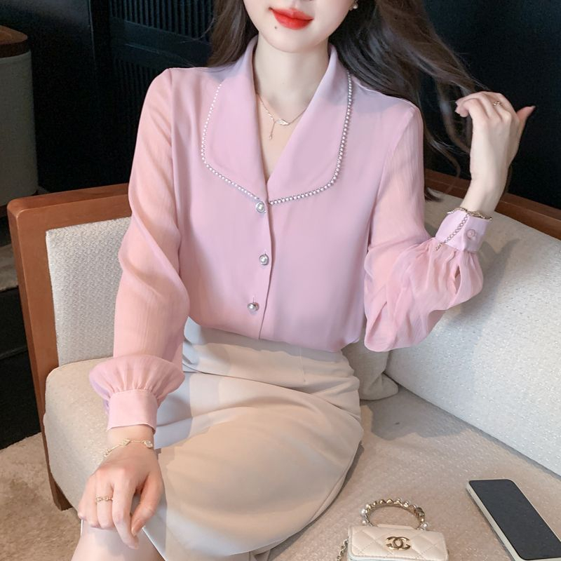 เสื้อเชิ้ตแขนยาว-ผ้าชีฟอง-สีชมพู-แฟชั่นสําหรับผู้หญิง-ไซซ์-s-3xl