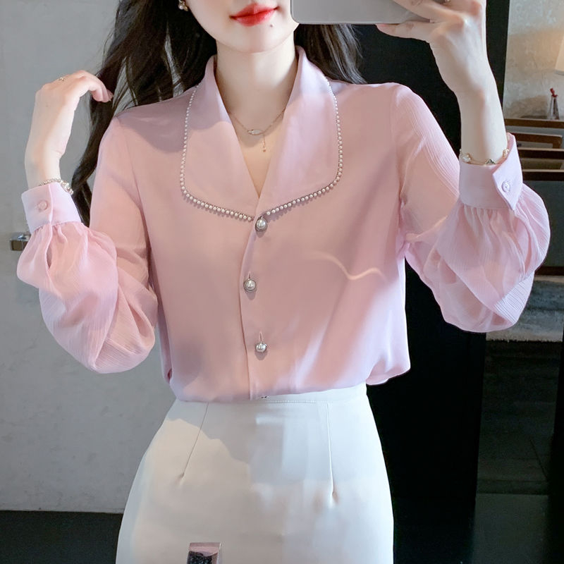 เสื้อเชิ้ตแขนยาว-ผ้าชีฟอง-สีชมพู-แฟชั่นสําหรับผู้หญิง-ไซซ์-s-3xl