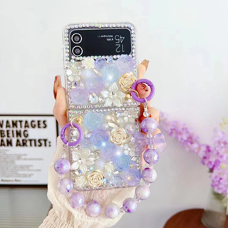 เคสโทรศัพท์มือถือ ประดับเพชรคริสตัล ไข่มุก ดอกไม้ หัวใจ หรูหรา สําหรับ Samsung Galaxy Z Flip 5 4 3 W23 5G F7110 F7070