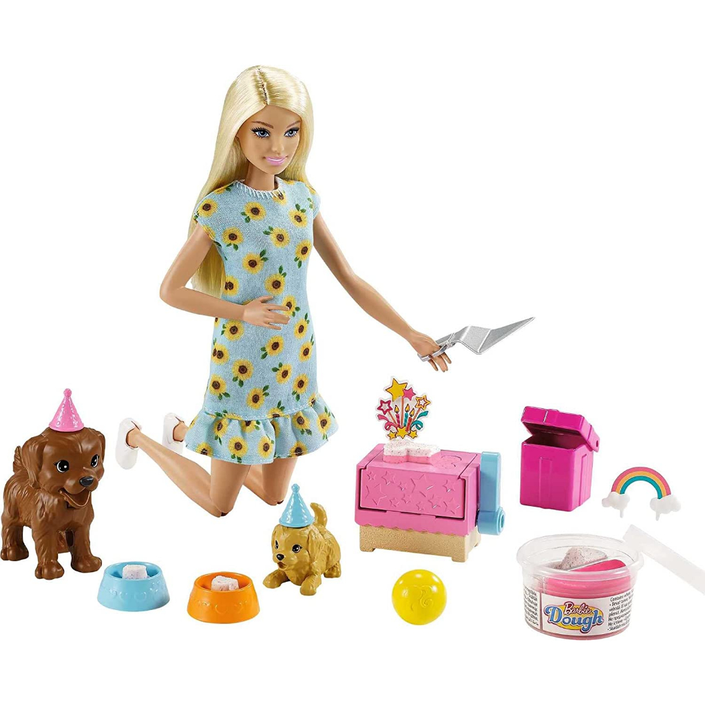 barbie-puppy-party-doll-and-playset-blonde-doll-with-sunflower-dress-2-pet-puppies-cake-mold-dough-and-accessories-gxv75-ตุ๊กตาบาร์บี้-ลูกสุนัข-และชุดของเล่น-พร้อมชุดดอกทานตะวัน-2-ชิ้น-แม่พิมพ์เค้ก-แป