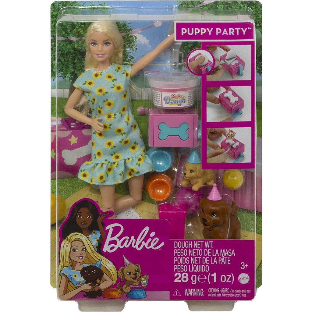 barbie-puppy-party-doll-and-playset-blonde-doll-with-sunflower-dress-2-pet-puppies-cake-mold-dough-and-accessories-gxv75-ตุ๊กตาบาร์บี้-ลูกสุนัข-และชุดของเล่น-พร้อมชุดดอกทานตะวัน-2-ชิ้น-แม่พิมพ์เค้ก-แป