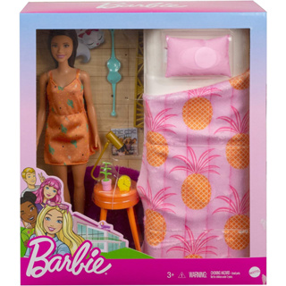 Barbie Doll and Bedroom Playset, Indoor Furniture Playset Doll (11.5-inch Brunette) Wearing Pajamas and Accessories GRG86 ชุดของเล่นตุ๊กตาบาร์บี้ และเฟอร์นิเจอร์ในร่ม (สีน้ําตาล 11.5 นิ้ว) GRG86