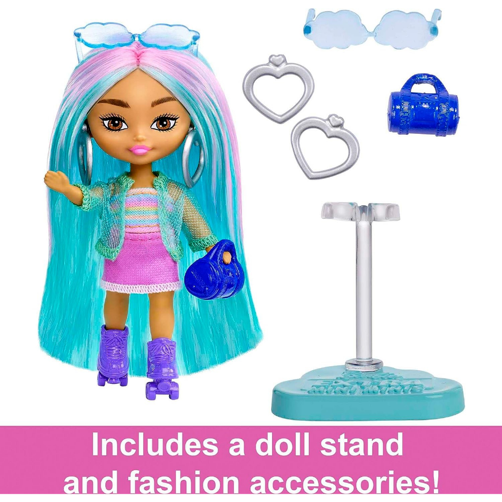 barbie-extra-mini-minis-doll-with-blue-hair-accessories-and-doll-stand-3-25-inch-collectible-hln45-ตุ๊กตาบาร์บี้-ขนาดเล็กพิเศษ-พร้อมผมสีฟ้า-อุปกรณ์เสริม-และขาตั้งตุ๊กตา-3-25-นิ้ว-สําหรับเก็บสะสม-hln45