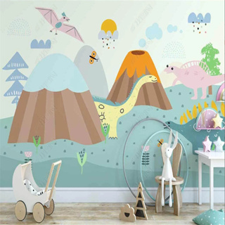 วอลเปเปอร์ติดผนัง ลายการ์ตูนภูเขาไฟ ไดโนเสาร์ ดวงอาทิตย์ เมฆ สําหรับห้องเด็ก ห้องเด็ก พื้นหลังห้องเด็ก ภาพจิตรกรรมฝาผนัง
