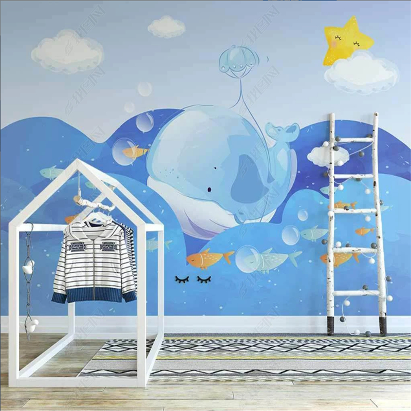 วอลล์เปเปอร์ติดผนัง-ลายการ์ตูนปลาวาฬ-ปลาดาว-สีฟ้า-สําหรับห้องนอนเด็กผู้ชาย