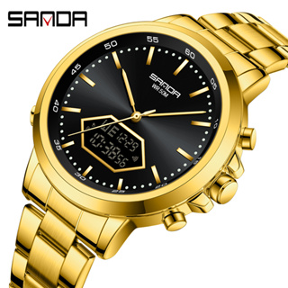Sanda นาฬิกาข้อมือควอทซ์อิเล็กทรอนิกส์ กันน้ํา หน้าจอคู่ สไตล์ทหาร หรูหรา แฟชั่นสําหรับผู้ชาย