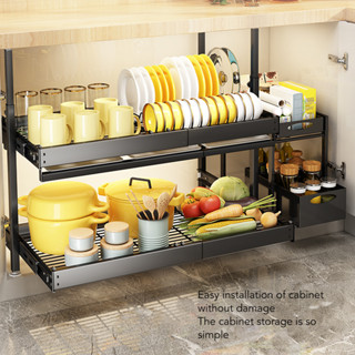 DDORIA ดึงตู้Organizer Heavy Duty Slide Outชั้นวางเลื่อนลิ้นชักสำหรับหม้อกระทะสีดำ