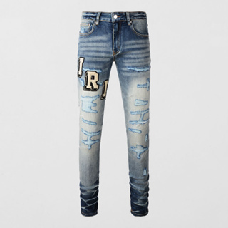 TRENDAMIRI High Street Fashion Mens Jeans วินเทจแสงสีฟ้า Slim Fit Patch พิมพ์กางเกงยีนส์แฟชั่นคุณภาพสูง