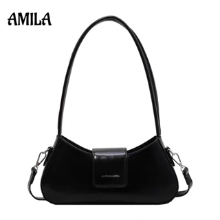 AMILA  กระเป๋าใต้วงแขนของผู้หญิงความรู้สึกหรูหรากระเป๋าถือแฟชั่นหนังสิทธิบัตรสีดำเคลือบเงา（+สายสะพายยาวสะพายข้าง）