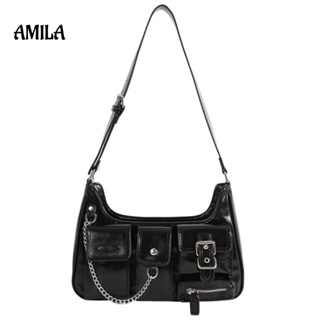 AMILA กระเป๋ามอเตอร์ไซค์สายโซ่ HOT สาวเท่สไตล์ การออกแบบเฉพาะ การเดินทางแบบหลายกระเป๋า กระเป๋าสะพายสีดำ