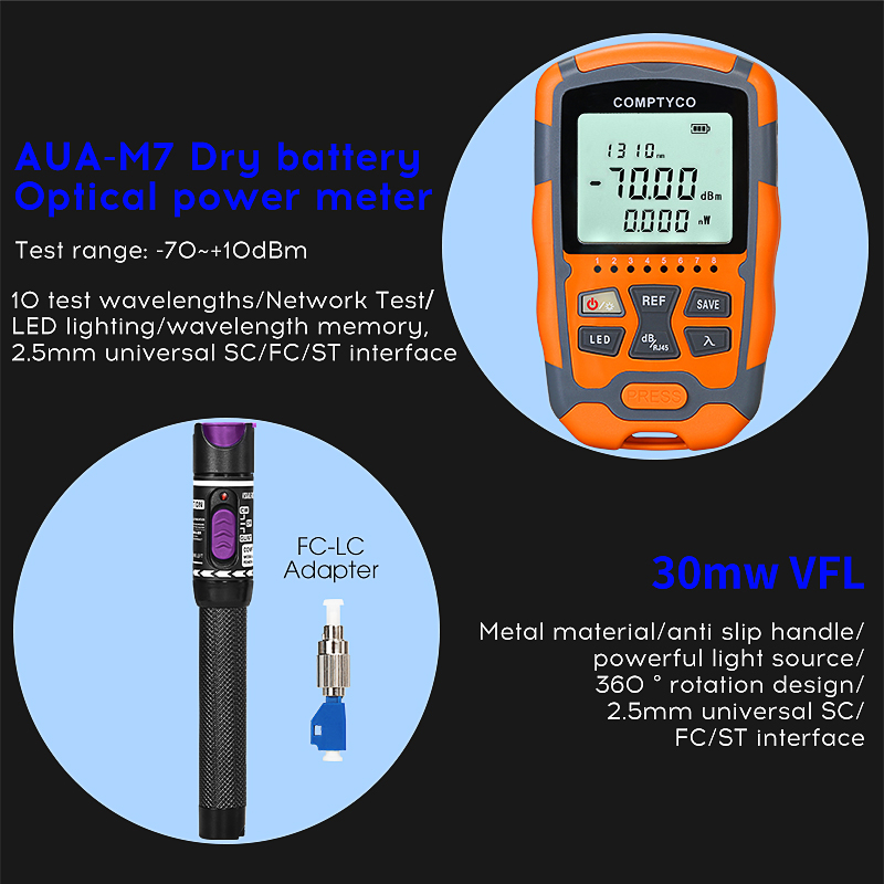 comptyco-ชุดเครื่องมือไฟเบอร์ออปติก-x5-เครื่องตัดไฟเบอร์ออฟติคัลสีน้ำเงิน-30km-visual-fault-locator-vfl-30mw-เครื่องวัดพลังงานแสงพร้อมอะแดปเตอร์-fc-lc