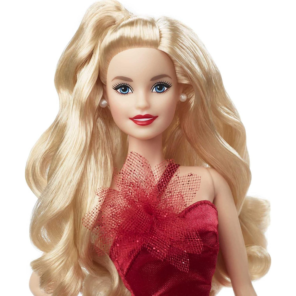 barbie-signature-2022-holiday-barbie-doll-blonde-wavy-hair-with-doll-stand-collectible-gift-hby06-ตุ๊กตาบาร์บี้-ปี-2022-พร้อมขาตั้ง-สีบลอนด์-สําหรับเก็บสะสม-ของขวัญ-hby06