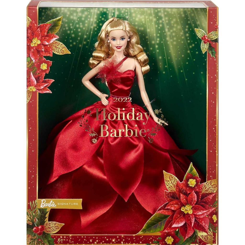 barbie-signature-2022-holiday-barbie-doll-blonde-wavy-hair-with-doll-stand-collectible-gift-hby06-ตุ๊กตาบาร์บี้-ปี-2022-พร้อมขาตั้ง-สีบลอนด์-สําหรับเก็บสะสม-ของขวัญ-hby06