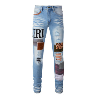 TRENDAMIRI High Street Fashion Man Jeans กางเกงยีนส์วินเทจสีฟ้าอ่อนพิมพ์เทคนิค Splicing กางเกงยีนส์แฟชั่นคุณภาพสูง