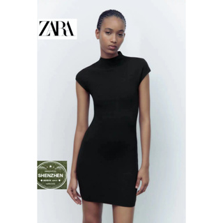 Zara ใหม่ ชุดเดรสกระโปรงถัก คอสูง เอวสูง สีพื้น สไตล์ยุโรป อเมริกัน สําหรับสตรี