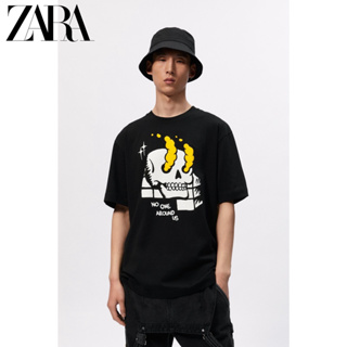 Zara ใหม่ เสื้อยืดแขนสั้น ผ้าฝ้าย พิมพ์ลายหัวกะโหลก สําหรับผู้ชาย 0495421 800