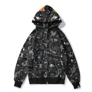 Bape เสื้อกันหนาว มีฮู้ด ผ้าฝ้าย พิมพ์ลาย Glow-in-the-the-dark มีซิป สําหรับผู้ชายและผู้หญิง