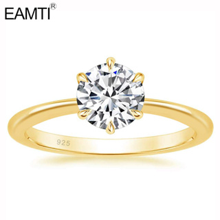Eamti แหวนหมั้น เงินแท้ 925 ทรงกลม สีทอง คลาสสิก ไซซ์ 3 -10 สําหรับหมั้น งานแต่งงาน 1 กะรัต