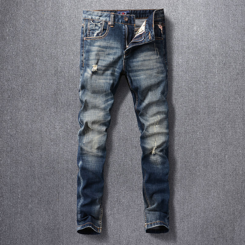 กางเกงยีนส์-vintage-man-คุณภาพสูง-blue-slim-fit-straight-cylinder-เย็บปักถักร้อย-trend-man-vintage-jeans