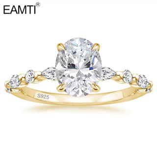 Eamti แหวนเงินแท้ 925 ทรงวงรี ประดับเพทาย สีทอง สําหรับผู้หญิง ไซซ์ 4-10