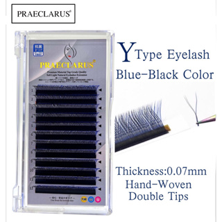 PRAECLARUS Blue-Black Mixed Color Y Type  Eyelash Extension Thickness 0.07mm Handwoven Premium Materials Natural Soft Light YY shape Faux Mink Eyelash Extension Black- Blue Mixed Color