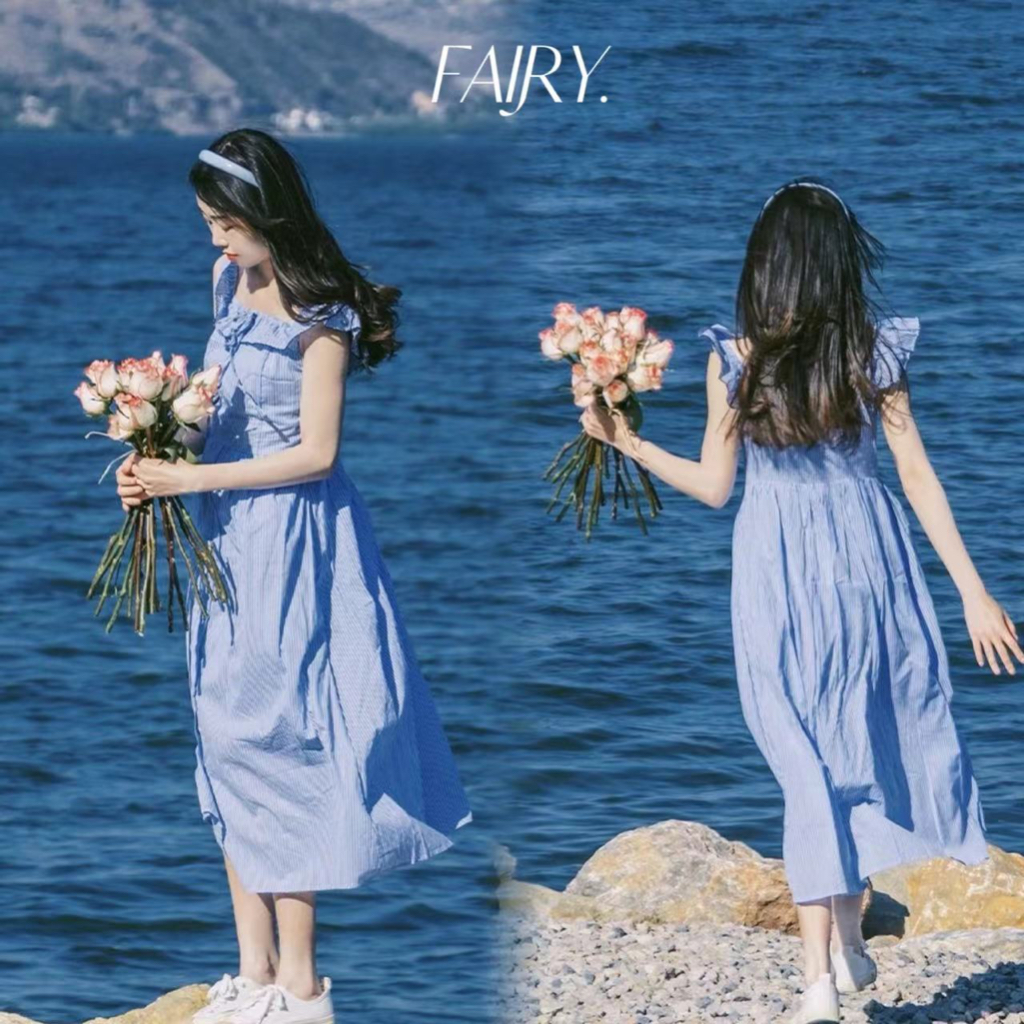 fairy-การจัดส่งที่รวดเร็ว-ชุดสีน้ำชาลายดอกไม้สีฟ้าสไตล์ฝรั่งเศสแขนเล็ก-เอวเข้ารูป-ชุดกระชับสัดส่วน