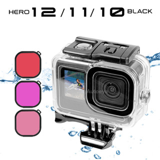 เคสกันน้ํา 60 ม. สําหรับ GoPro Hero 12 11 10 9 สีดํา ดําน้ํา ฝาครอบใต้น้ํา สีแดง สีม่วง สีชมพู ฟิลเตอร์