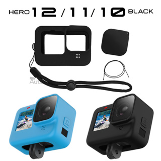 เคสซิลิโคน สีดํา พร้อมสายคล้อง อุปกรณ์เสริม สําหรับ GoPro Hero 12 11 10 9 Go pro 12 11 10 9