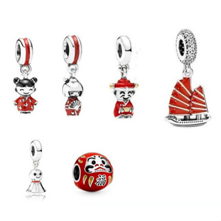 Pandora เครื่องประดับเงิน 925 ห้อยจี้ตุ๊กตา สไตล์จีน ญี่ปุ่น สีแดง และดารุมะ w1022