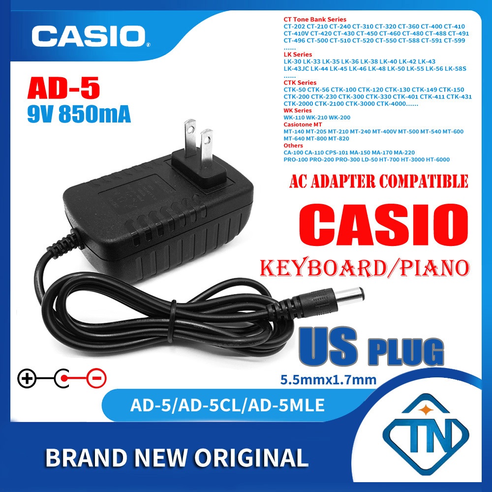 9V 850mA AD-5MR Power Supply Adapter สําหรับ Casio LK-20 LK-39 CTK-720  CTK-2000 CTK-2100 CTK-3000 CTK-4000 คีย์บอร์ดเปียโนอิเล็กทรอนิกส์
