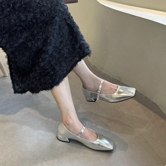 รองเท้าแมรี่เจน-ส้นเตี้ย-ส้นหนา-หัวสี่เหลี่ยม-ปากตื้น-ขนาดเล็ก-สีเงิน-แฟชั่นฤดูใบไม้ผลิ-สไตล์ฝรั่งเศส-สําหรับผู้หญิง