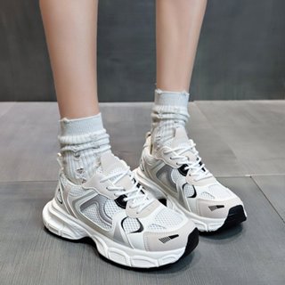 SUNNYCOLOR รองเท้าผ้าใบผู้หญิง สีขาว พื้นหนา ผูกเชือก 2023 NEW B96F01V