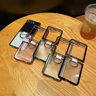 3 in 1 เคสโทรศัพท์ PC แข็ง แบบใส ชุบ PC โลหะ พร้อมแหวนนิ้ว สําหรับ Samsung Gaaxy Z Flip 5 4 3