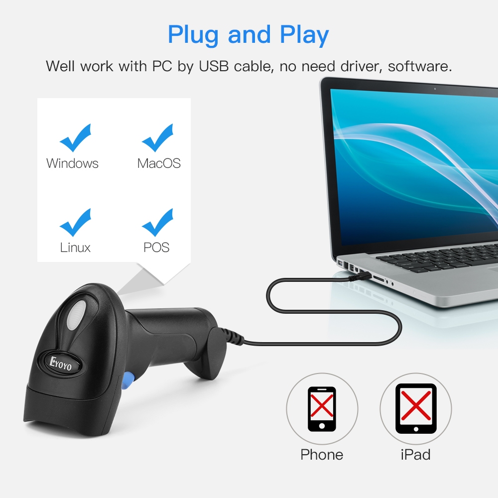 Eyoyo เครื่องสแกนบาร์โค้ด 1D 2D USB PDF417 CCD Screen CMOS QR Scan ...
