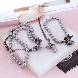 พร้อมส่ง สร้อยคอ จี้รูปดาวเสาร์ สามมิติ ประดับไข่มุก สีเทา สไตล์บาร็อค เรโทร