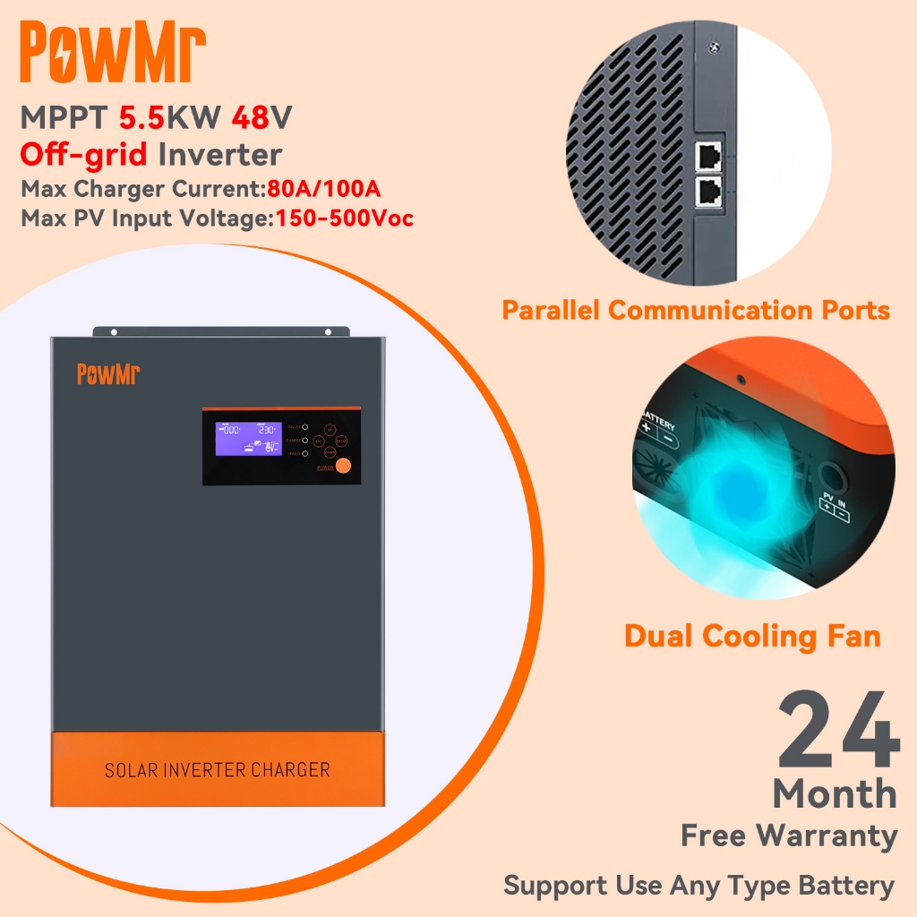 PowMr MPPT 5.5KW Pure Sine Wave Solar Hybrid Inverter ในตัว 80A / 100A ...