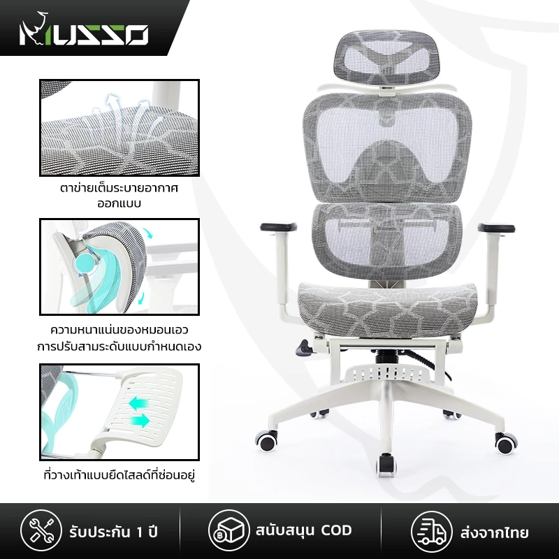 MUSSO รุ่น E600 เก้าอี้สีดำ เก้าอี้สีเทา เก้าอี้สำนักงานตามหลักสรีรศาสตร์ ที่วางแขน 3D พนักพิงศีรษะปรับได้พร้อมสนับสนุนเอวปรับได้เก้าอี้สำนักงานตามหลักสรี