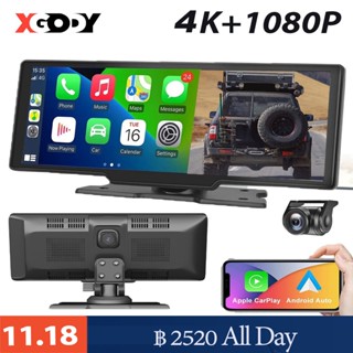 Xgody 10.26 นิ้วไร้สาย Carplay Android รถ DVR Dash Cam 4K 3840 * 2160 ด้านหน้าและ 1080P กล้องด้านหลังการควบคุมด้วยเสียง GPS Wifi Video Recorder เลนส์คู่