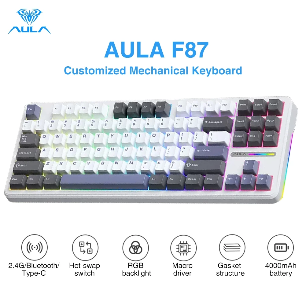 AULA F87 Pro คีย์บอร์ดเกมมิ่ง Mechanical Keyboard 87 คีย์ แบบใช้สาย บลูทูธ และไร้สาย 2.4G พร้อมไฟ RGB